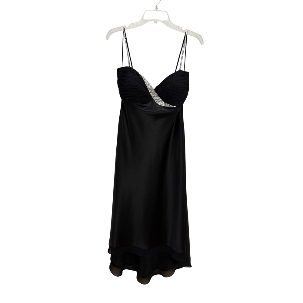 Mary.L Black Satin Rhinestone Detail High Low Hem Midi Dress 8 Cocktail Flowy